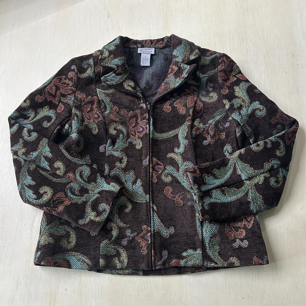 Vintage Renaissance Jacket Womens Small Brown Paisley Full Zip Collared Short